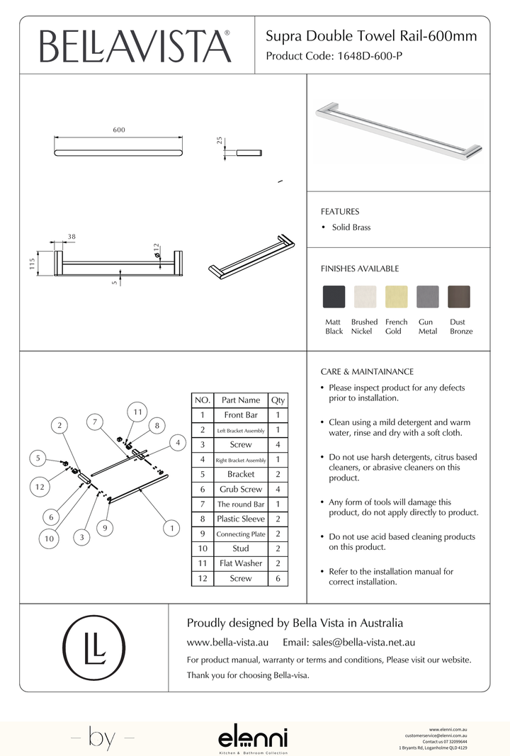 Bella Vista Lantra Double Towel Rail 600mm - Elenni specification drawing