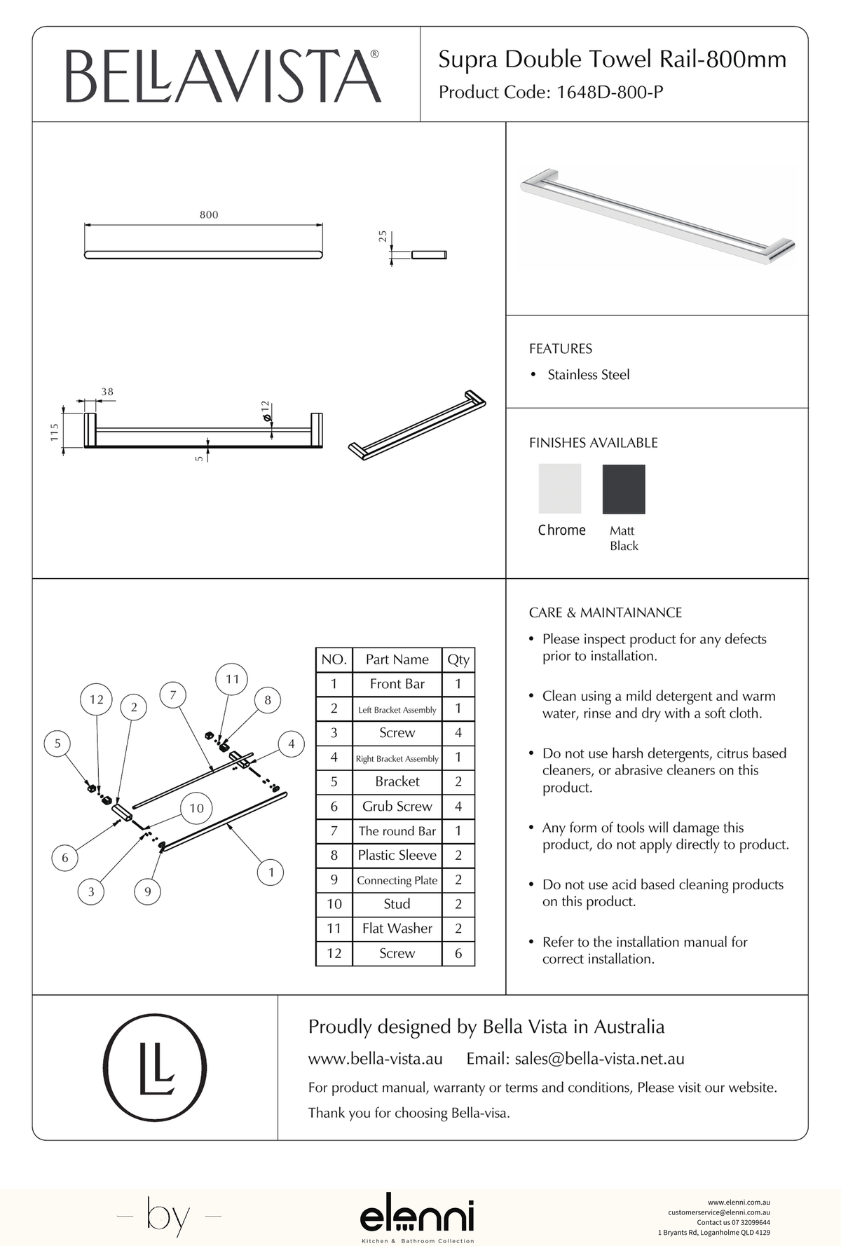 Bella Vista Lantra Double Towel Rail 800mm - Elenni specification drawing