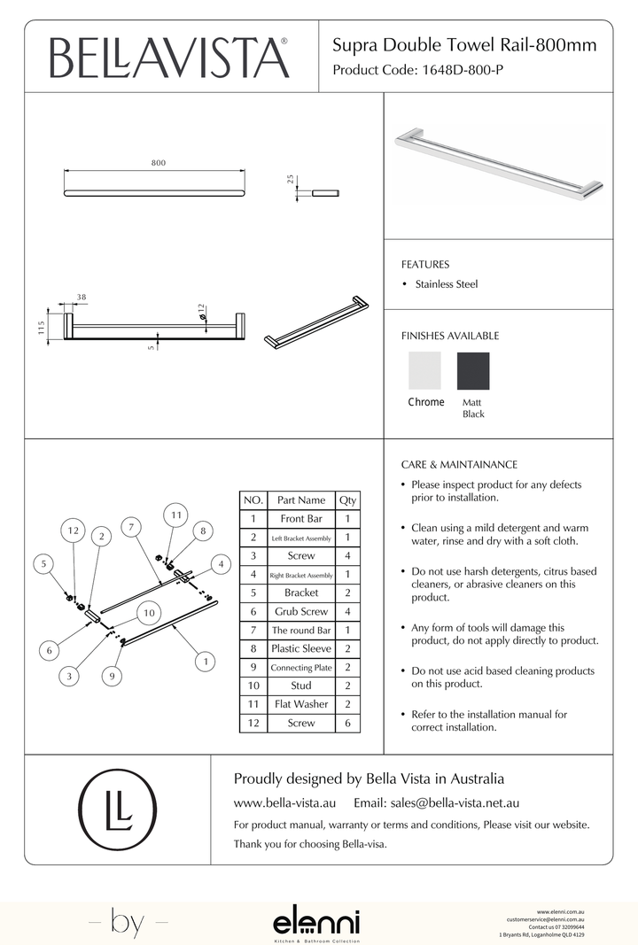 Bella Vista Lantra Double Towel Rail 800mm - Elenni specification drawing