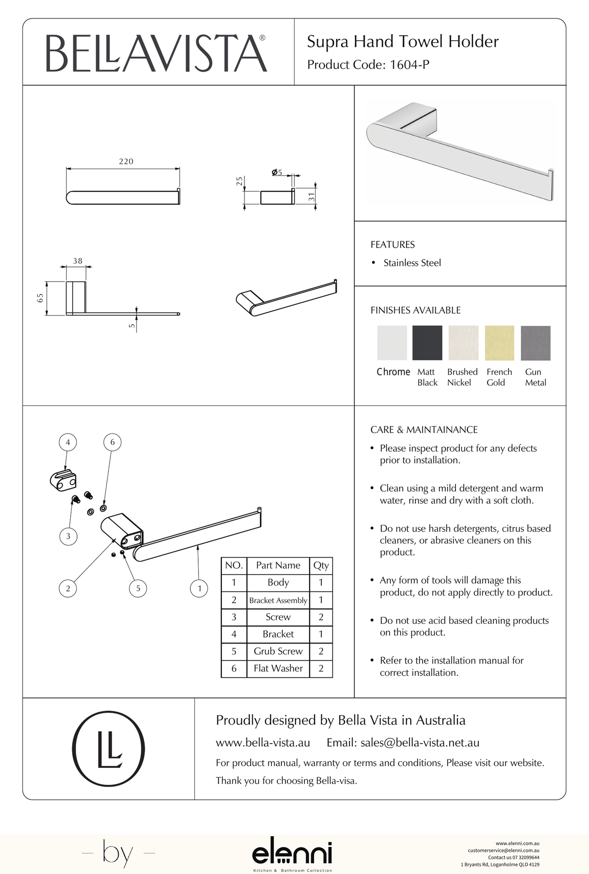 Bella Vista Lantra Hand Towel Holder - Elenni specification drawing