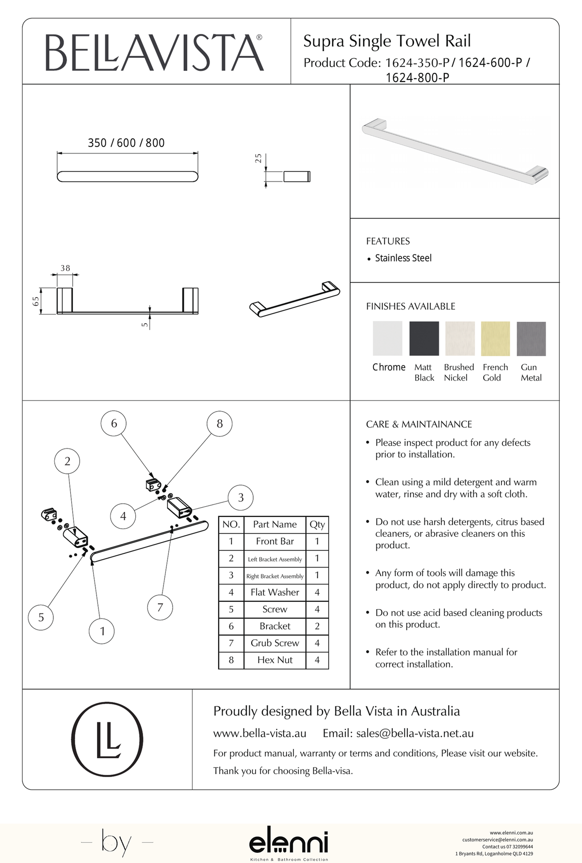 Bella Vista Lantra Hand Towel Rail 350mm - Elenni specification drawing