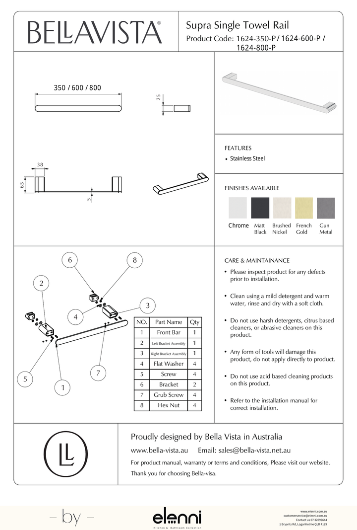 Bella Vista Lantra Hand Towel Rail 350mm - Elenni specification drawing