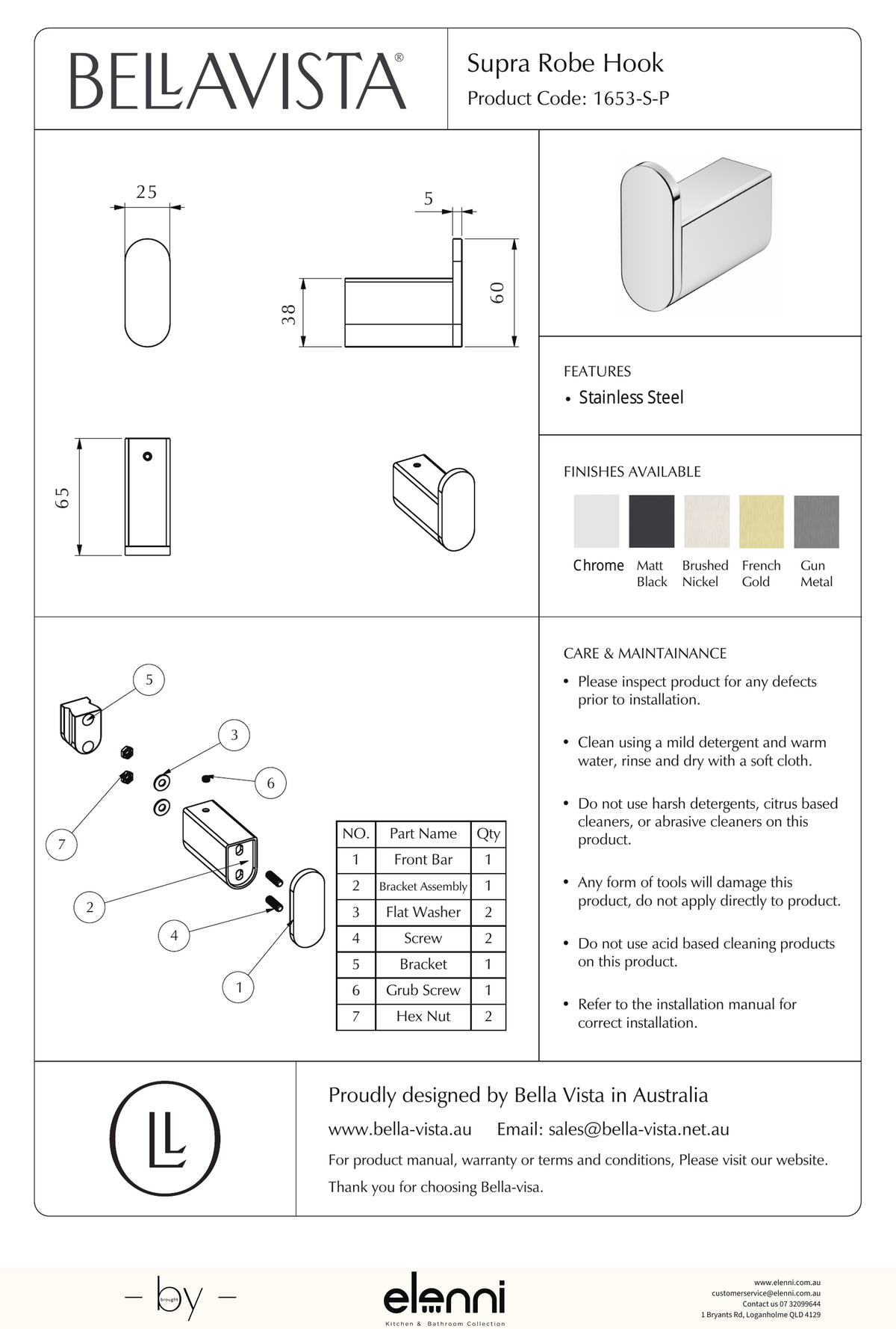 Bella Vista Lantra Robe Hook - Elenni specification drawing
