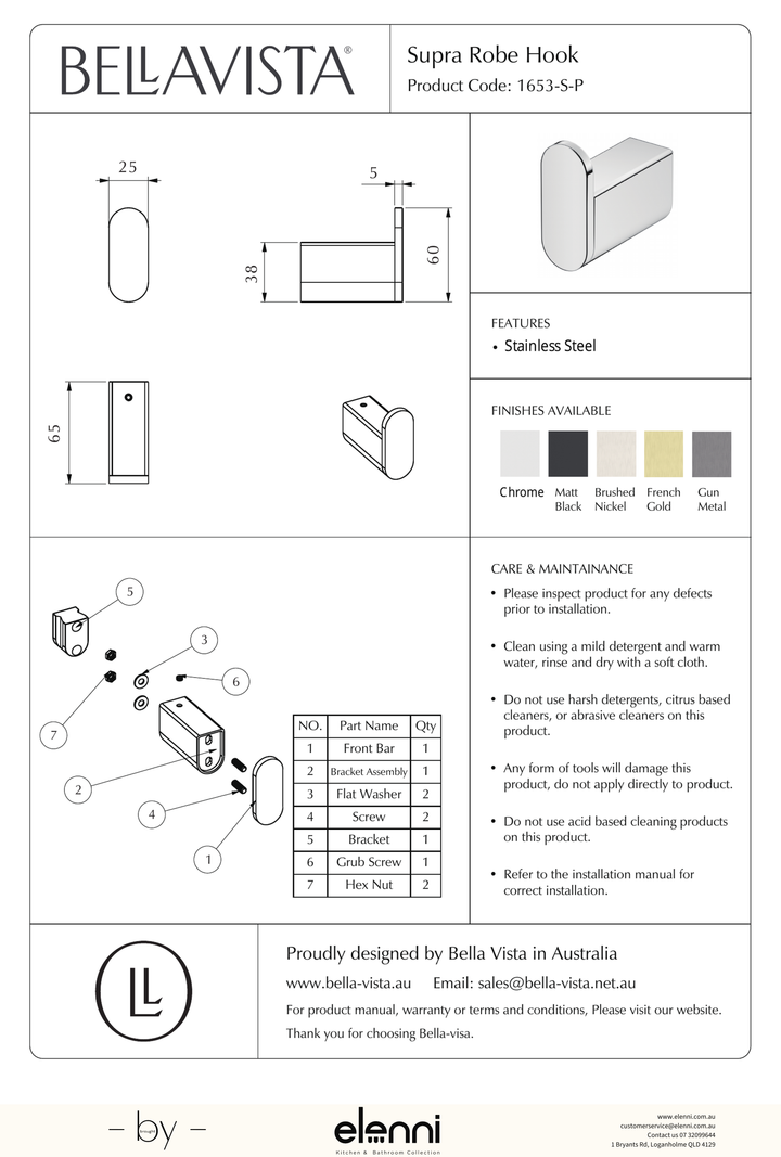 Bella Vista Lantra Robe Hook - Elenni specification drawing