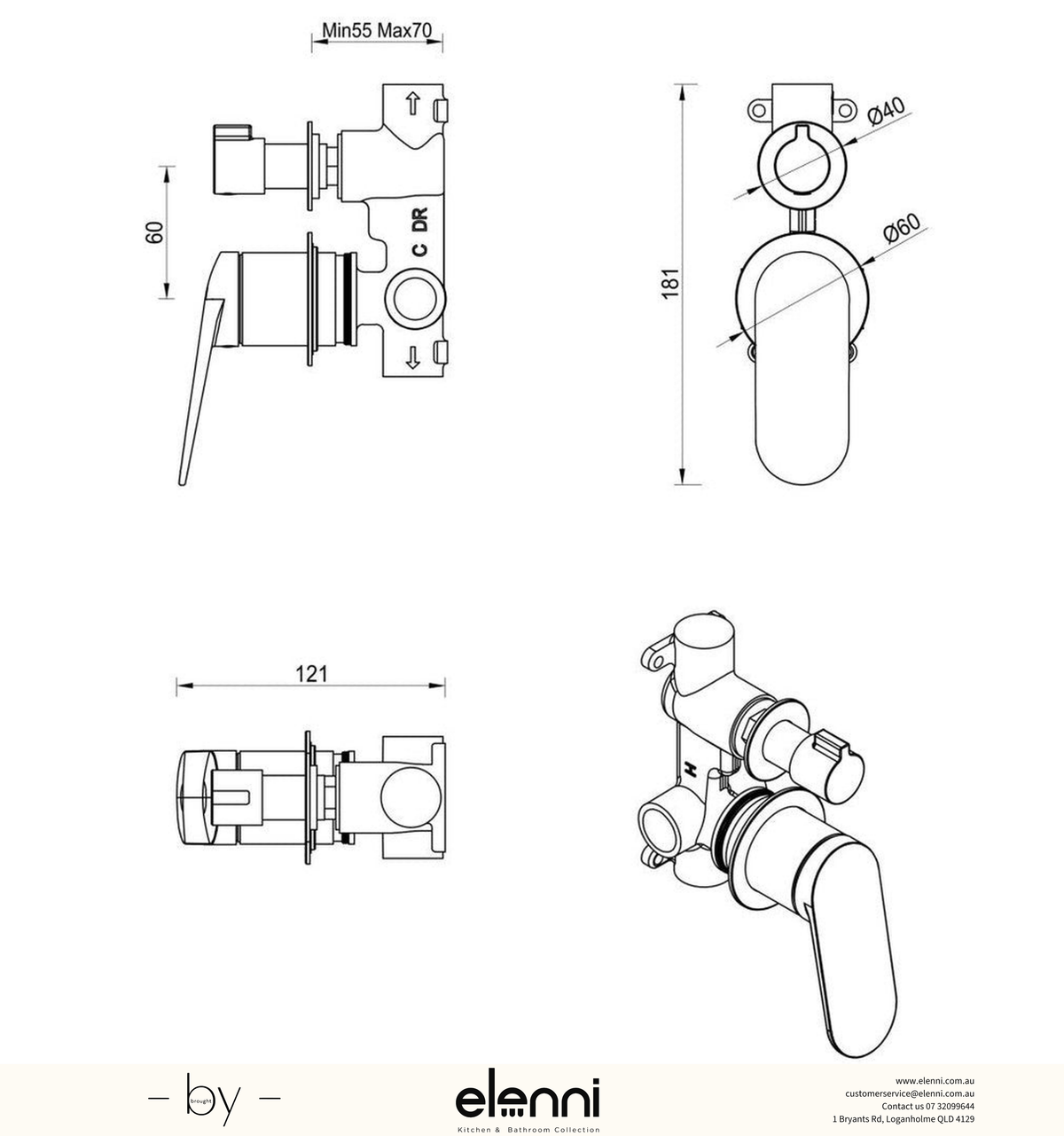 Bella Vista Lantra Shower Mixer Diverter - 2P - Trim Kit Only - Elenni specification sheet