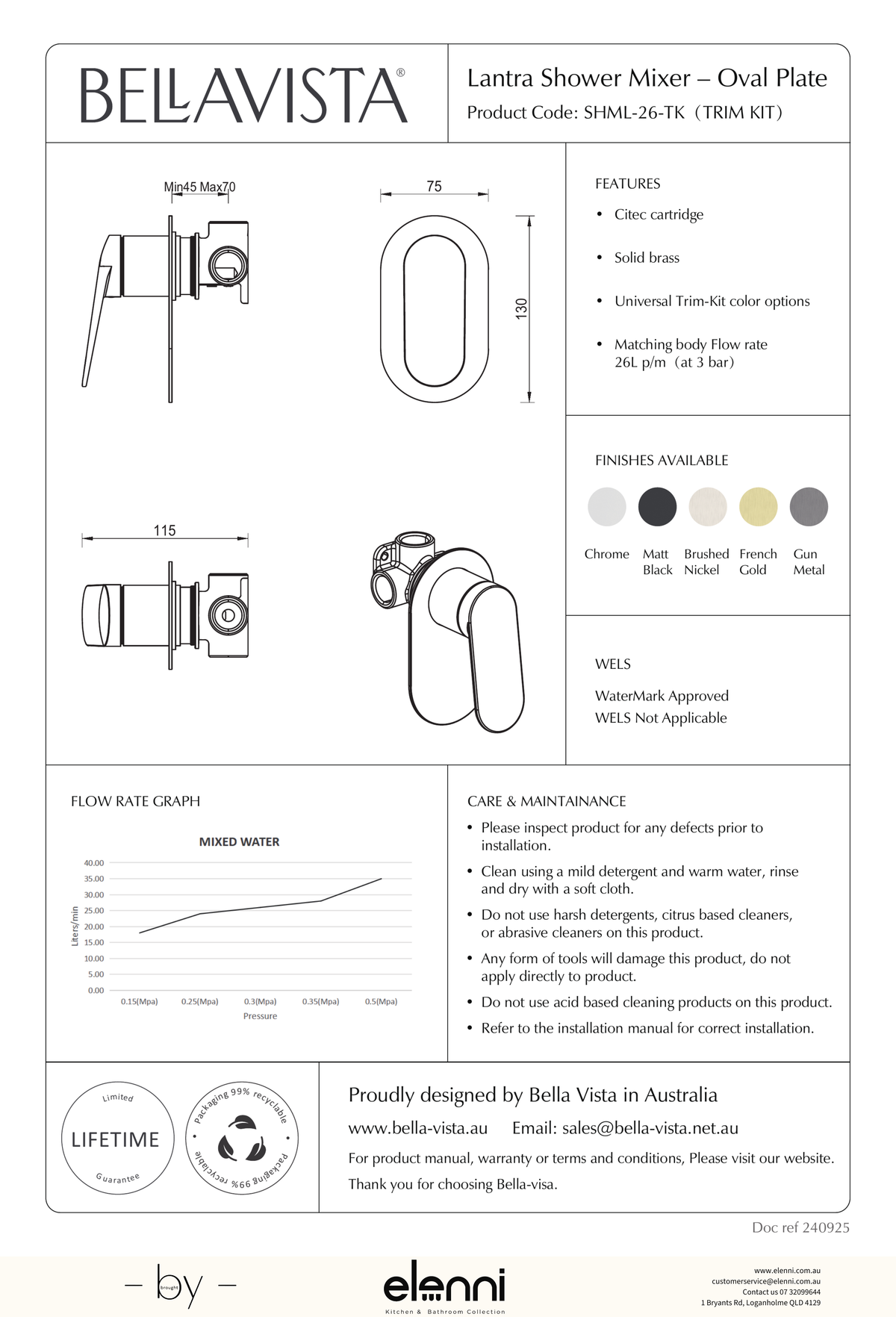 Bella Vista Lantra Shower Mixer - Oval Plate - Trim Kit Only - Elenni specification drawing