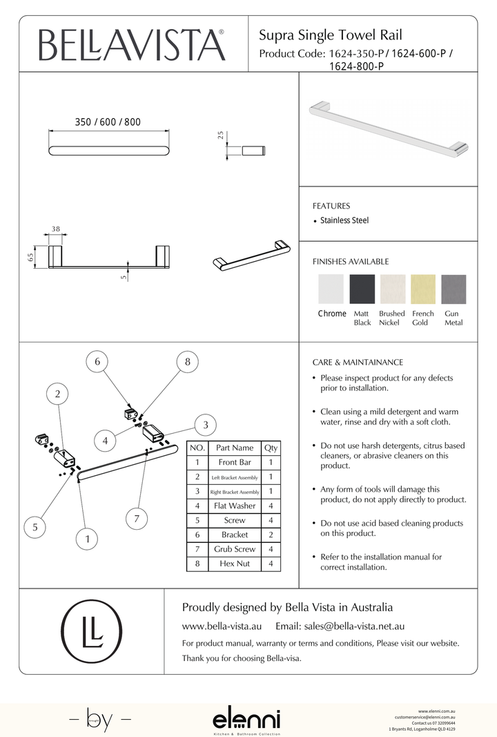 Bella Vista Lantra Single Towel Rail 800mm - Elenni specification drawing