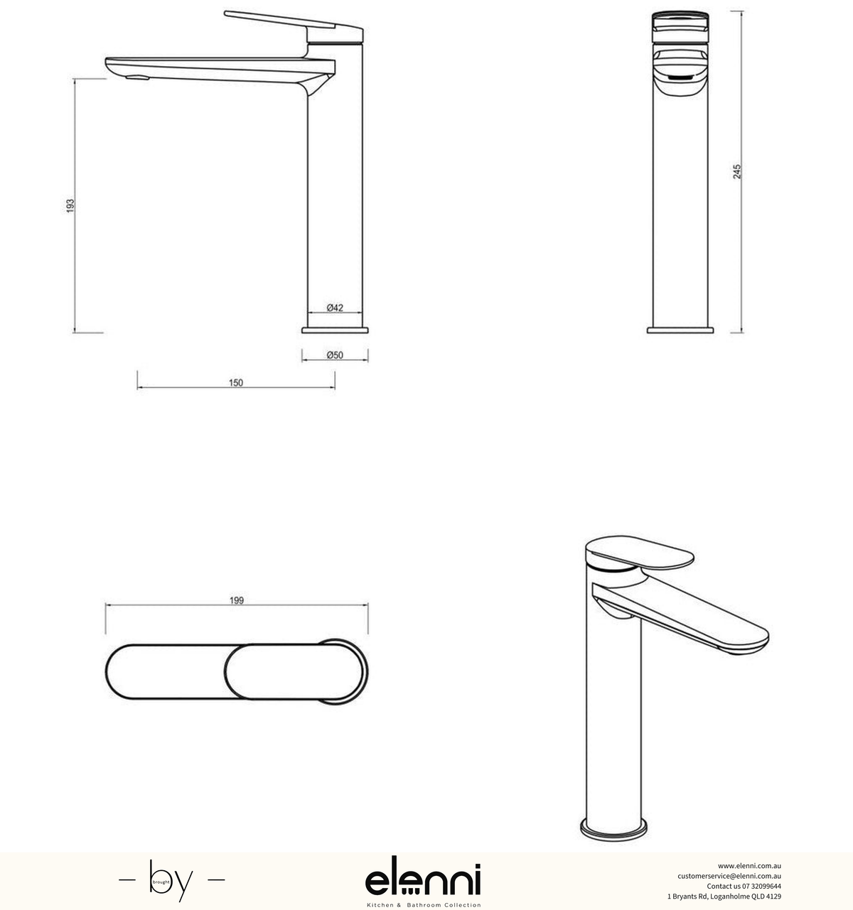 Bella Vista Lantra Tall Basin Mixer - Elenni specification sheet