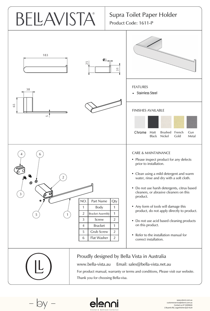 Bella Vista Lantra Toilet Paper Holder - Elenni specification drawing