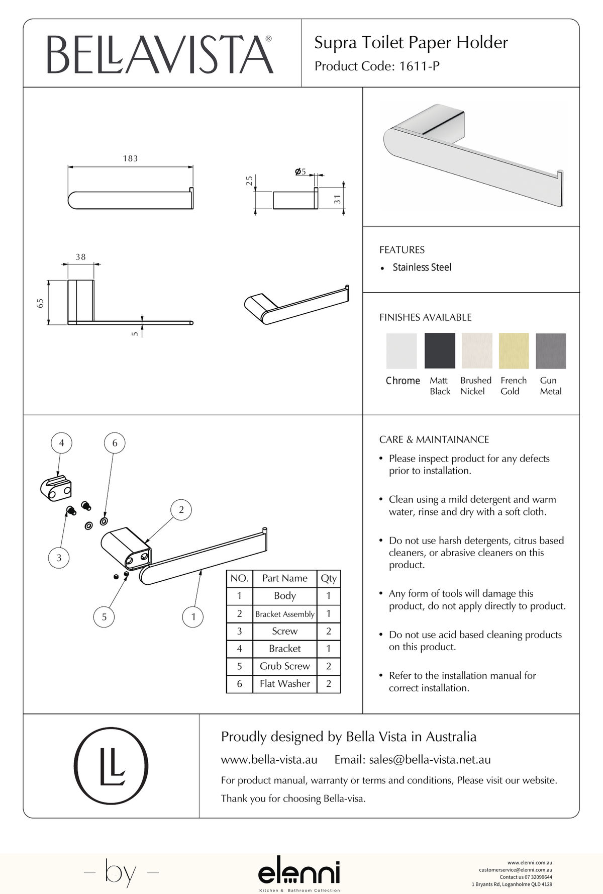 Bella Vista Lantra Toilet Paper Holder - Elenni specification drawing