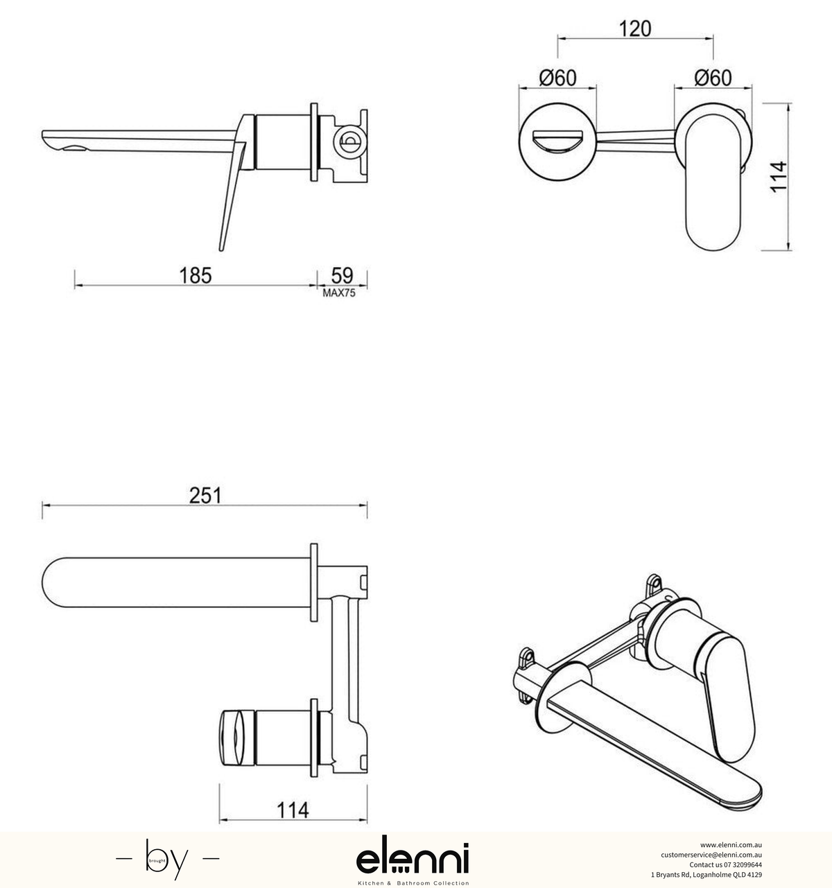 Bella Vista Lantra Wall-Spout Combo - 2P - Trim Kit Only - Elenni specification sheet