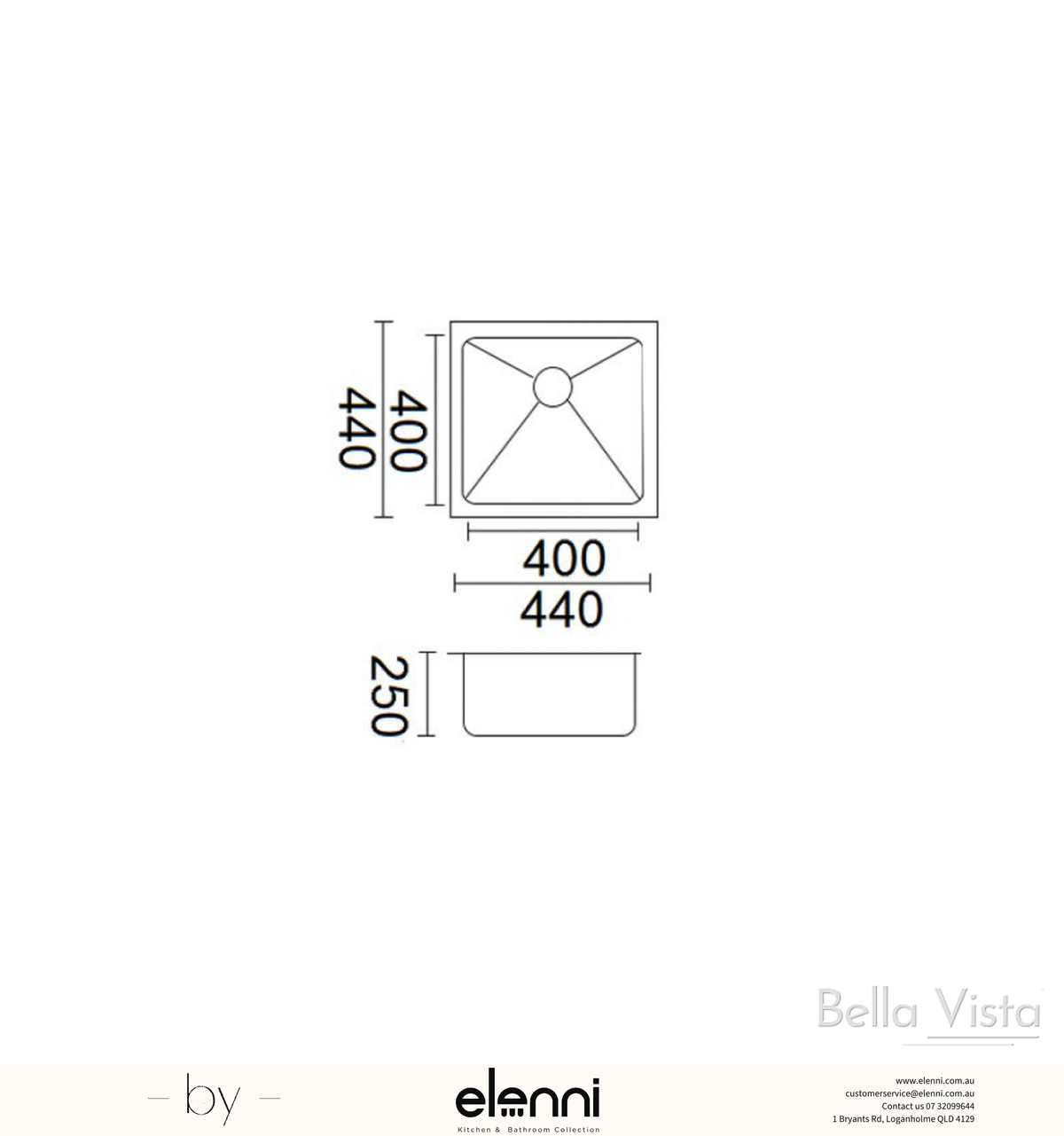 Luminare Sink 440 x 440mm - Stainless Steel - Elenni specification drawing