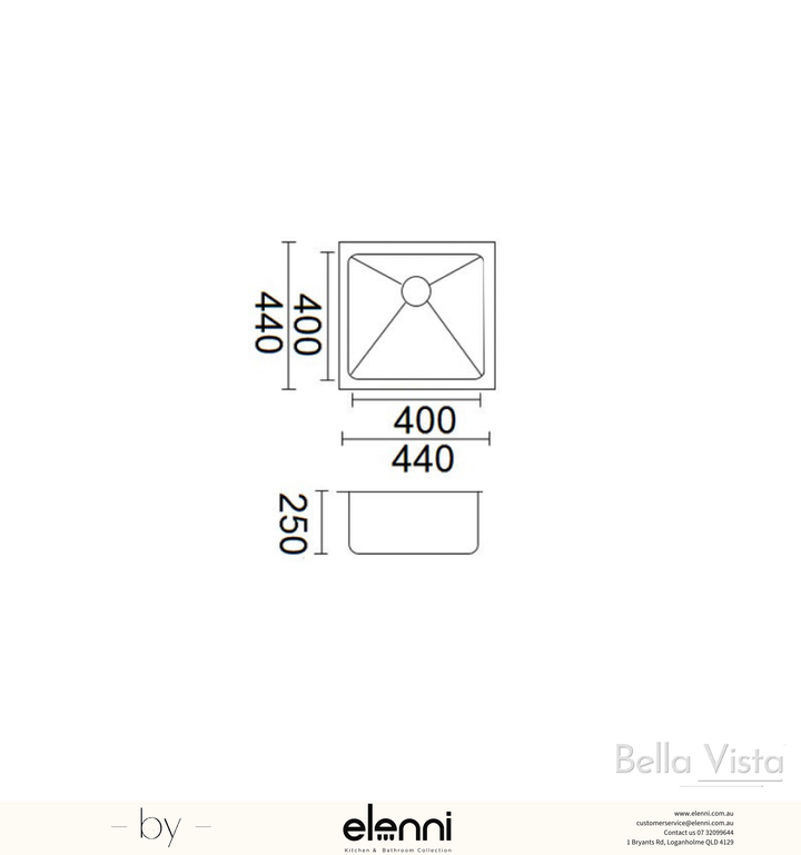 Luminare Sink 440 x 440mm - Stainless Steel - Elenni specification drawing