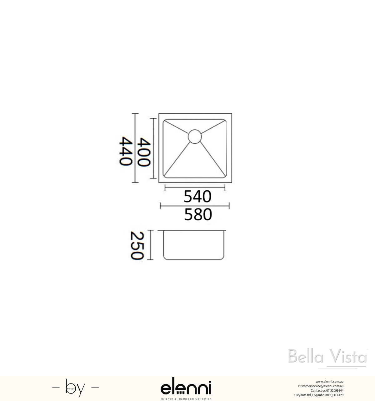 Luminare Sink 580 x 440mm - Brushed Gunmetal - Elenni specification drawing