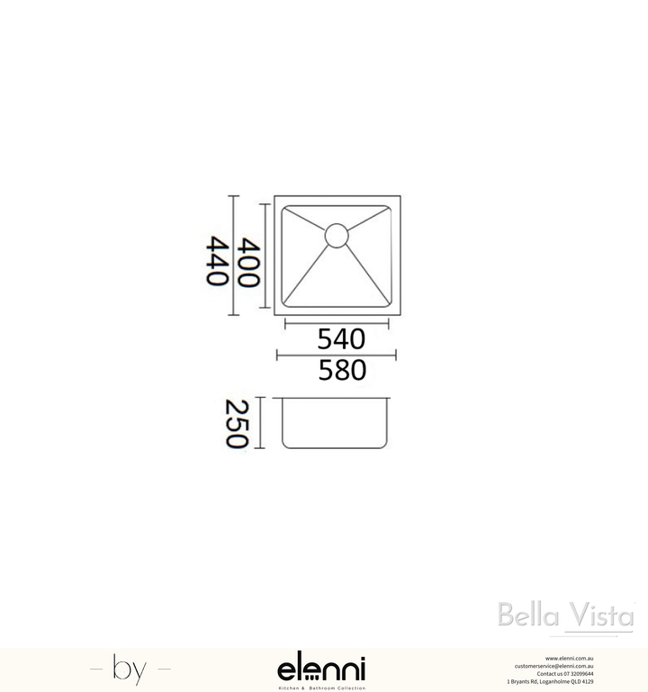 Luminare Sink 580 x 440mm - Stainless Steel - Elenni specification drawing