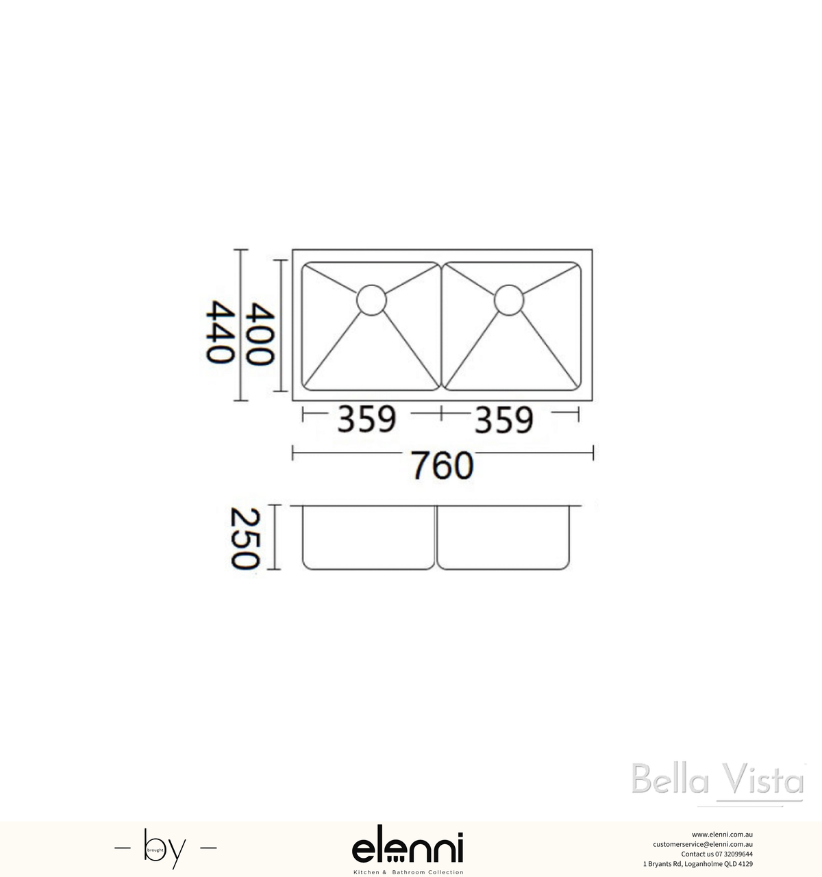 Luminare Sink 760 x 440mm - Double Bowl - Brushed Gunmetal - Elenni specification drawing