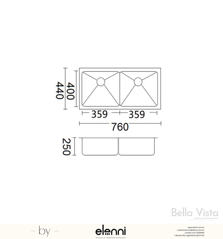 Luminare Sink 760 x 440mm - Double Bowl - Brushed Gunmetal - Elenni specification drawing