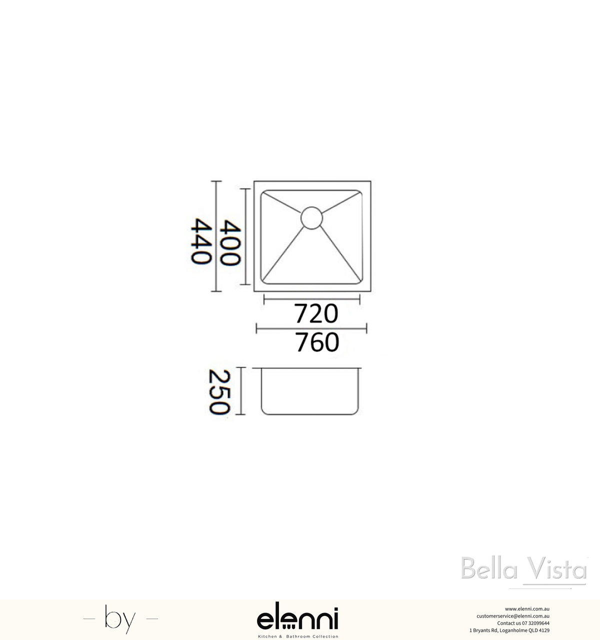 Luminare Sink 760 x 440mm - Single Bowl - Stainless Steel - Elenni specification drawing