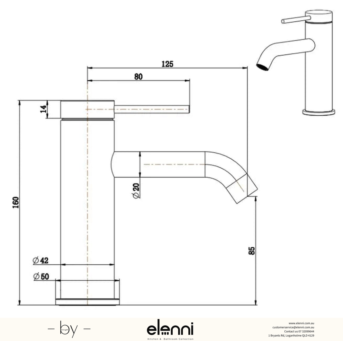 Mica Basin Mixer - Elenni specification drawing