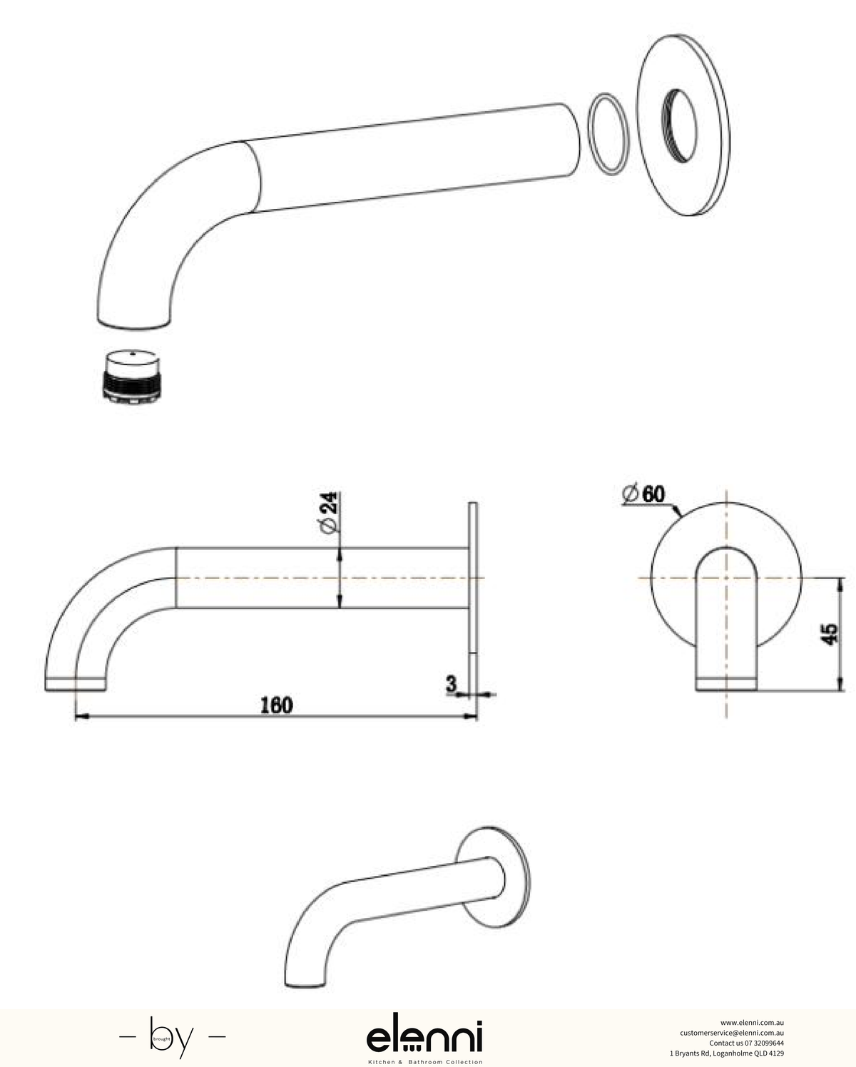 Mica Bath Spouts - 160/220/250mm - Elenni specification drawing