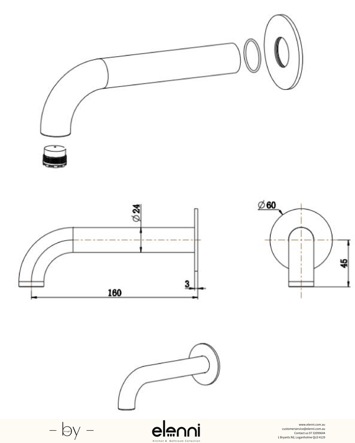 Mica Bath Spouts - 160/220/250mm - Elenni specification drawing