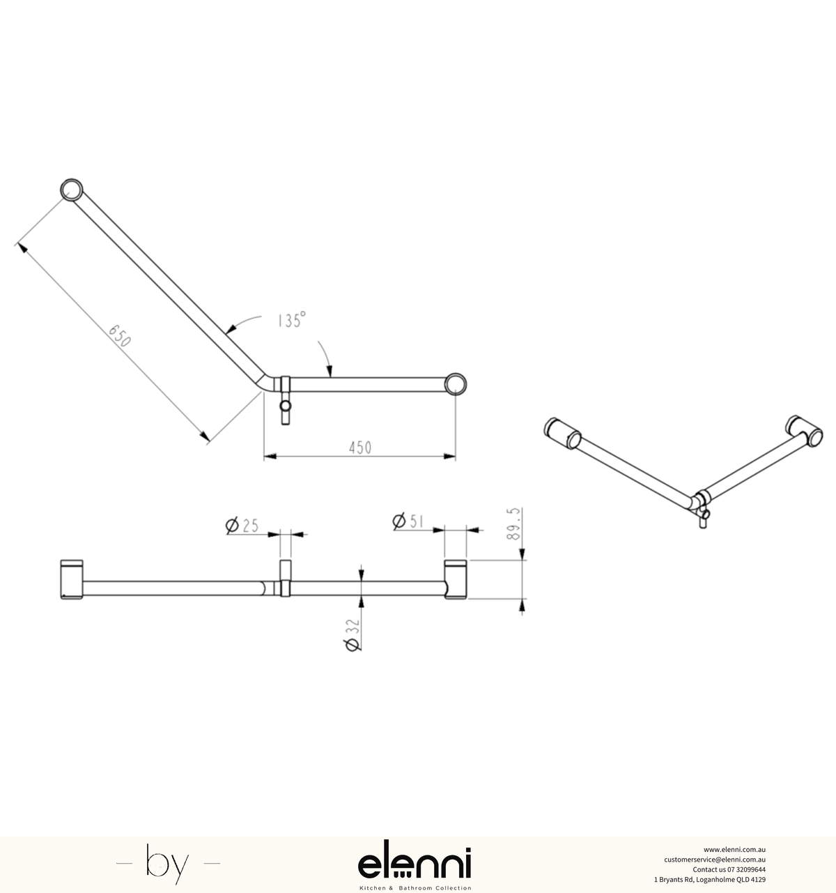 Mica Care Grab Rail - 45 Degree - 450x650mm - Elenni specification drawing