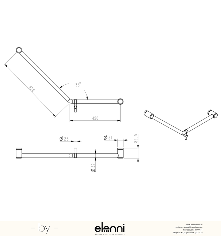 Mica Care Grab Rail - 45 Degree - 450x650mm - Elenni specification drawing