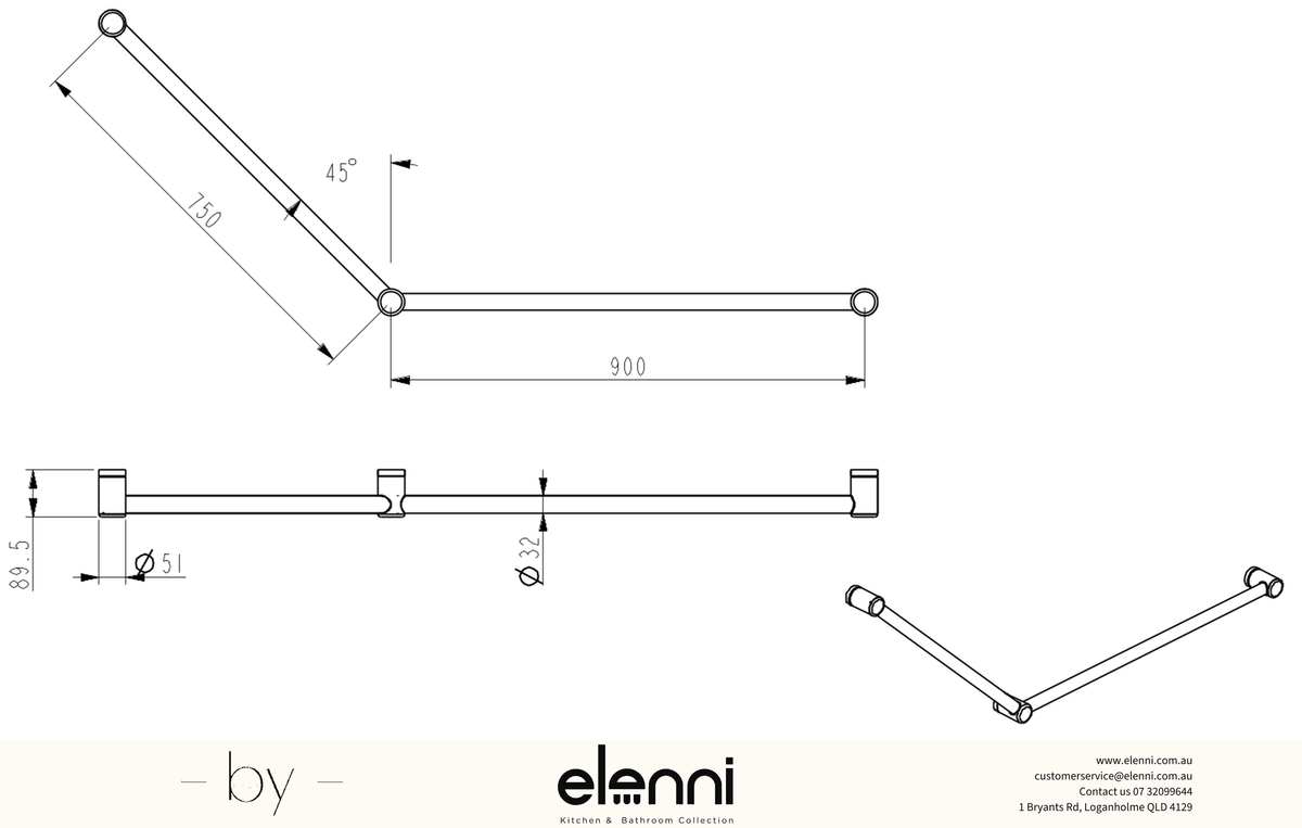 Mica Care Grab Rail - 45 Degree - 750x900mm - Elenni specification drawing