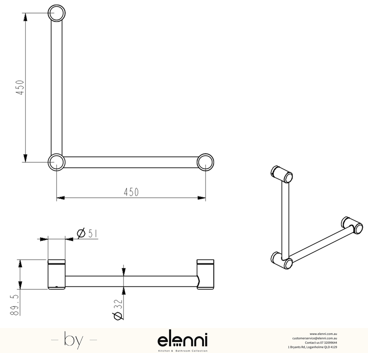 Mica Care Grab Rail - 90 Degree - 450x450mm - Elenni specification drawing