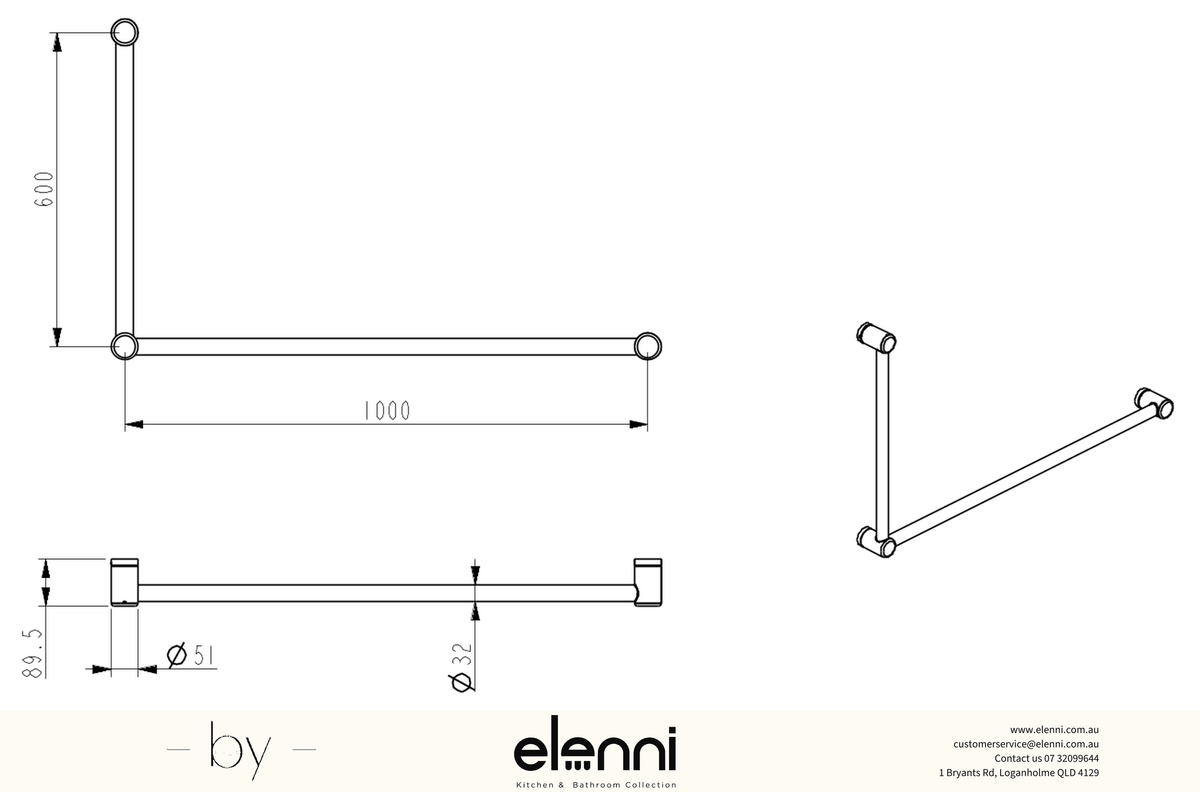 Mica Care Grab Rail - 90 Degree - 600x1000mm - Elenni specification drawing