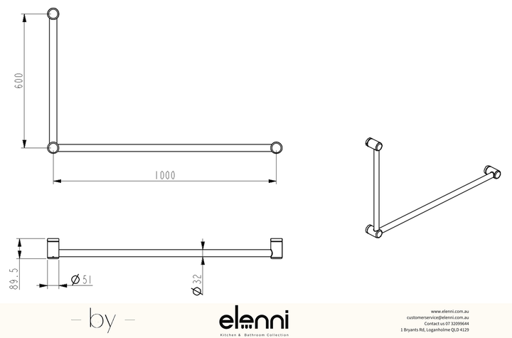 Mica Care Grab Rail - 90 Degree - 600x1000mm - Elenni specification drawing