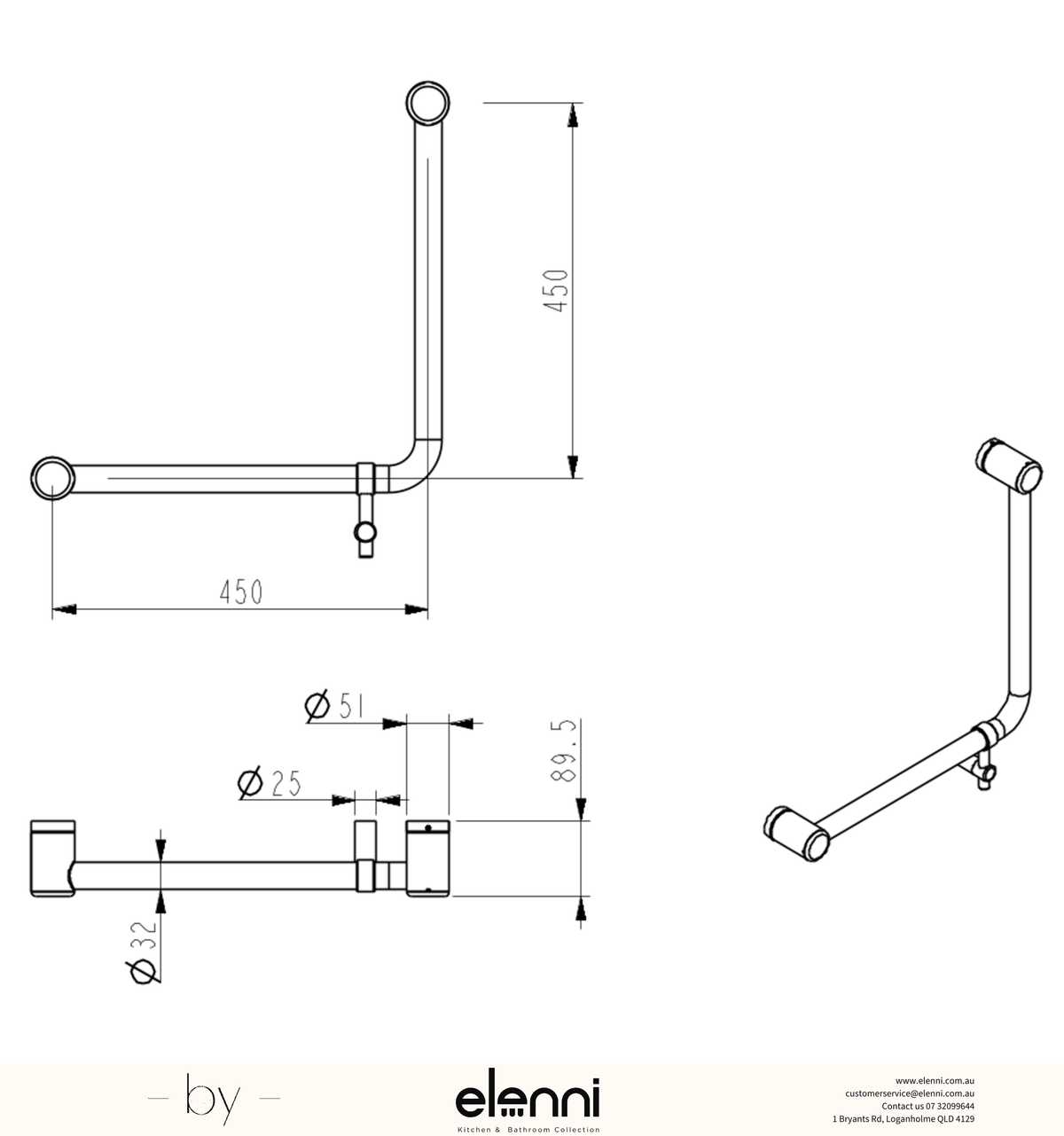 Mica Care Grab Rail - Curved 90 Degree - 450x450mm - Elenni specification drawing