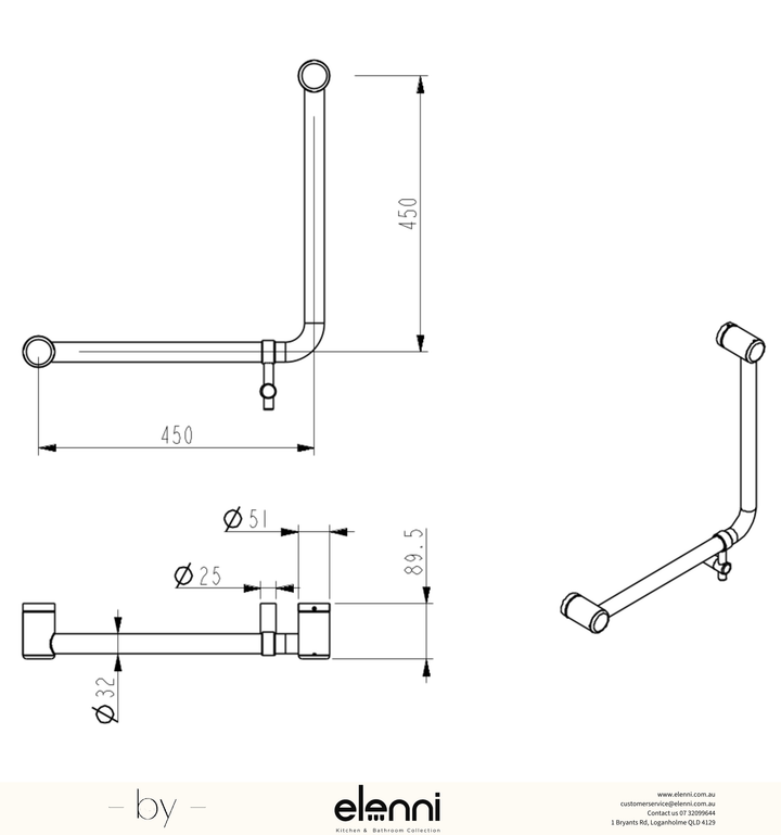 Mica Care Grab Rail - Curved 90 Degree - 450x450mm - Elenni specification drawing