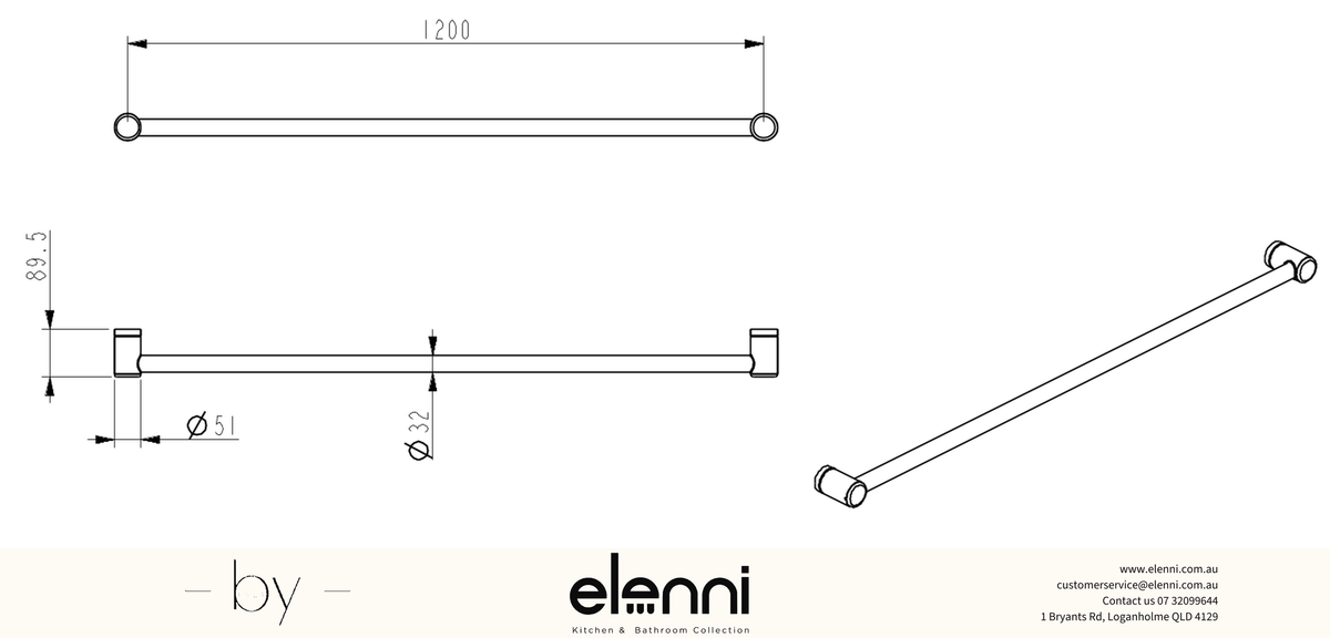 Mica Care Grab Rail - Horizontal - 1200mm - Elenni specification drawing