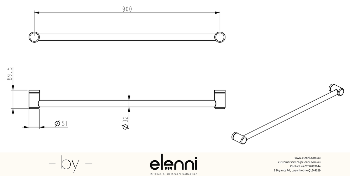 Mica Care Grab Rail - Horizontal - 900mm - Elenni specification drawing