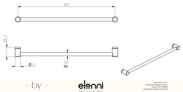 Mica Care Grab Rail - Horizontal - 900mm - Elenni specification drawing