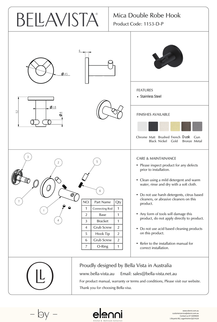 Mica Double Robe Hook - Elenni specification drawing
