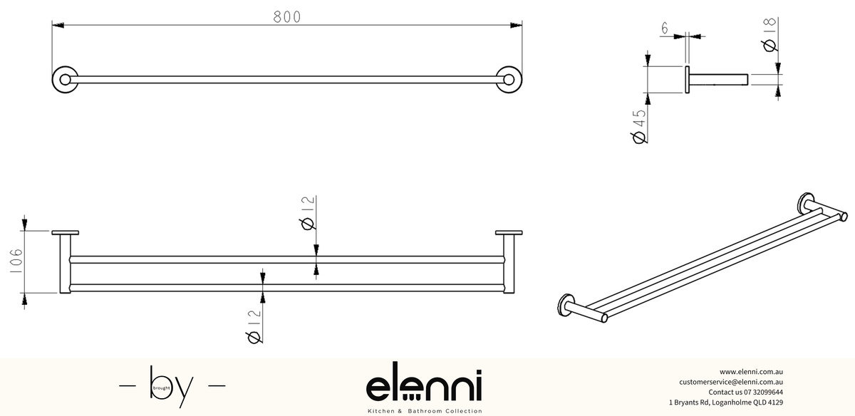 Mica Double Towel Rail - 800mm - Elenni specification drawing
