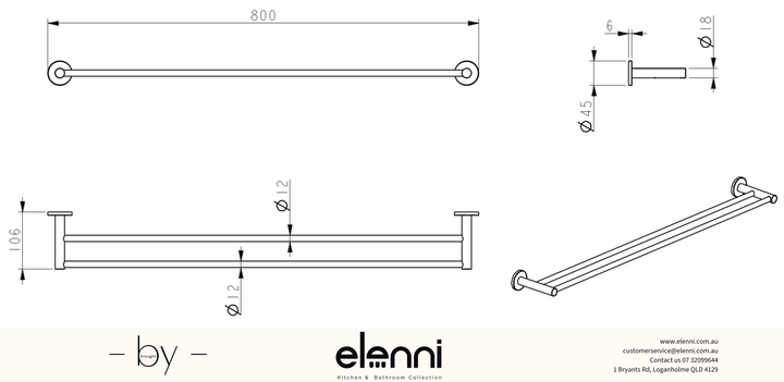 Mica Double Towel Rail - 800mm - Elenni specification drawing