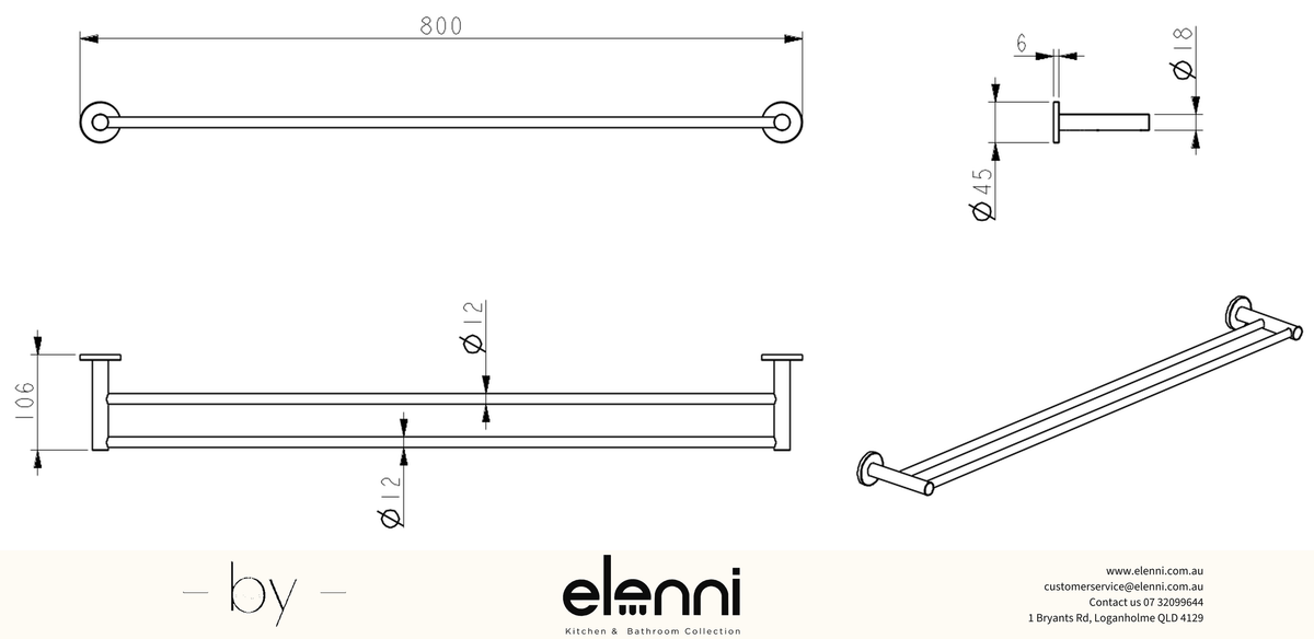 Mica Double Towel Rail - 800mm - Elenni specification drawing