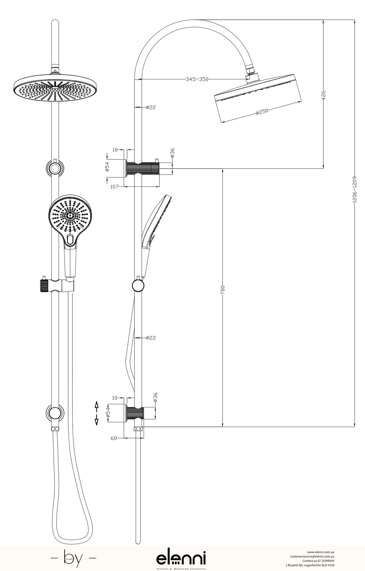 Mica Fluted Gooseneck Dual Shower Rail - Elenni specification drawing