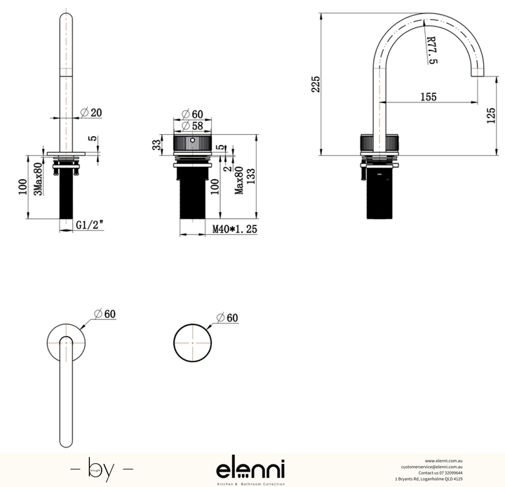 Elenni specification drawing, Mica Fluted Gooseneck Hob Basin Mixer