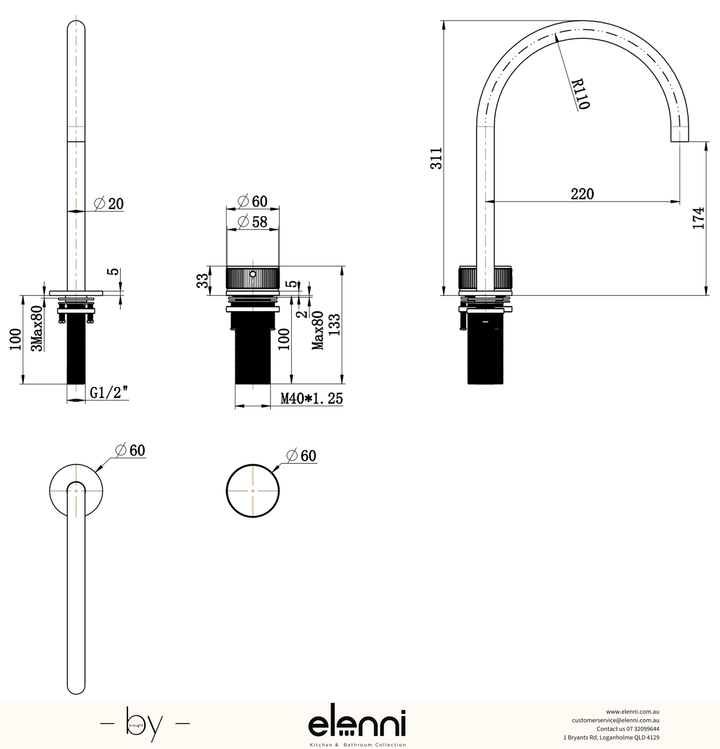 Elenni specification drawing, Mica Fluted Gooseneck Hob Sink/Basin Mixer Set
