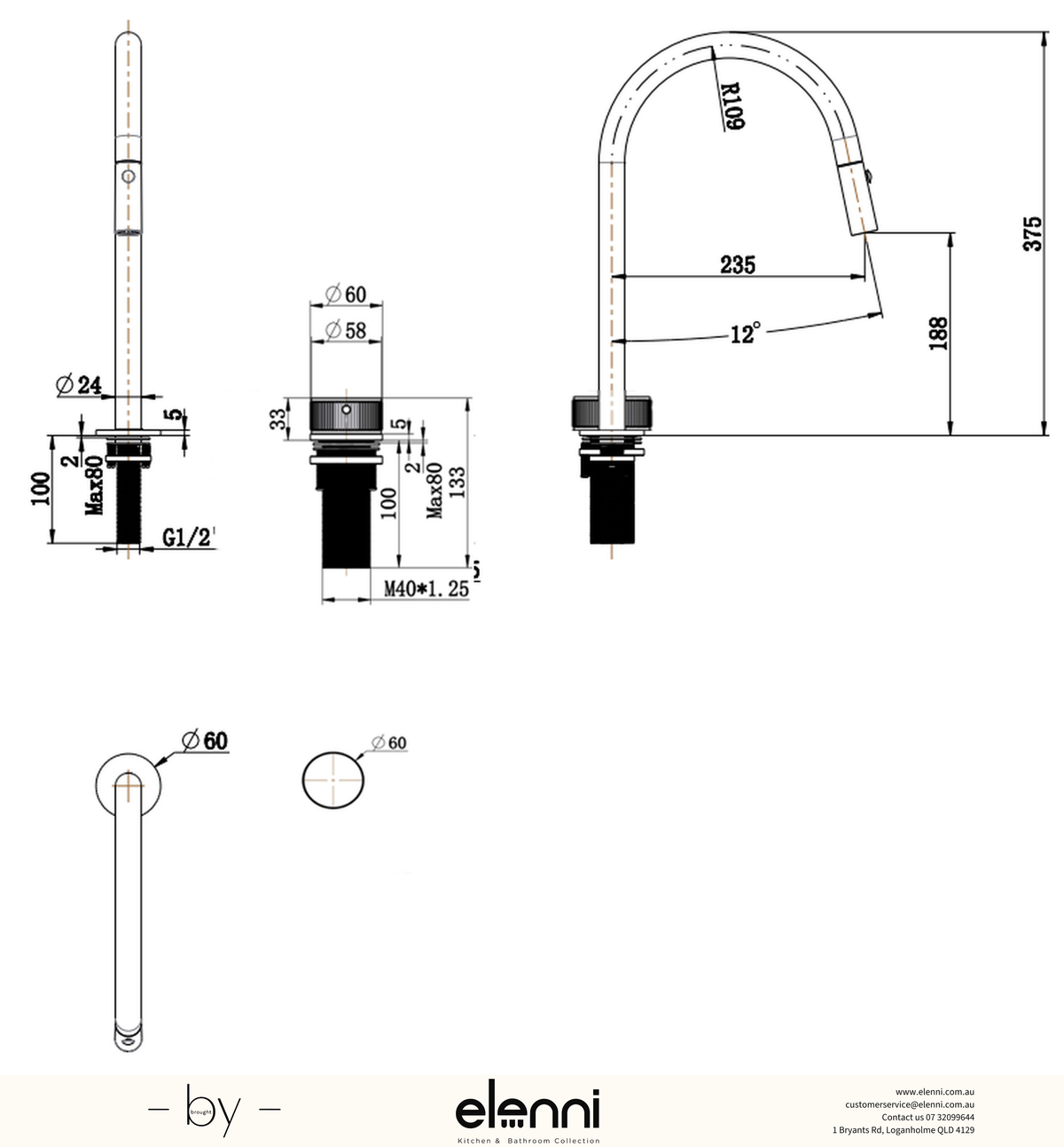 Mica Fluted Pull-Out Hob Mixer Set - Elenni specification drawing