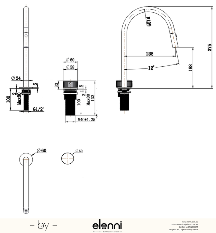 Mica Fluted Pull-Out Hob Mixer Set - Elenni specification drawing