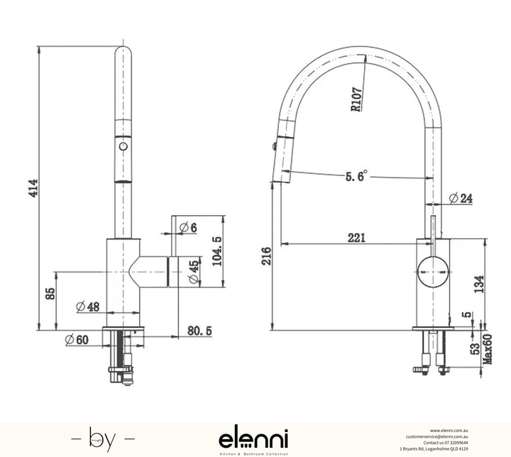 Mica Fluted Pull-Out Sink Mixer - Elenni specification drawing
