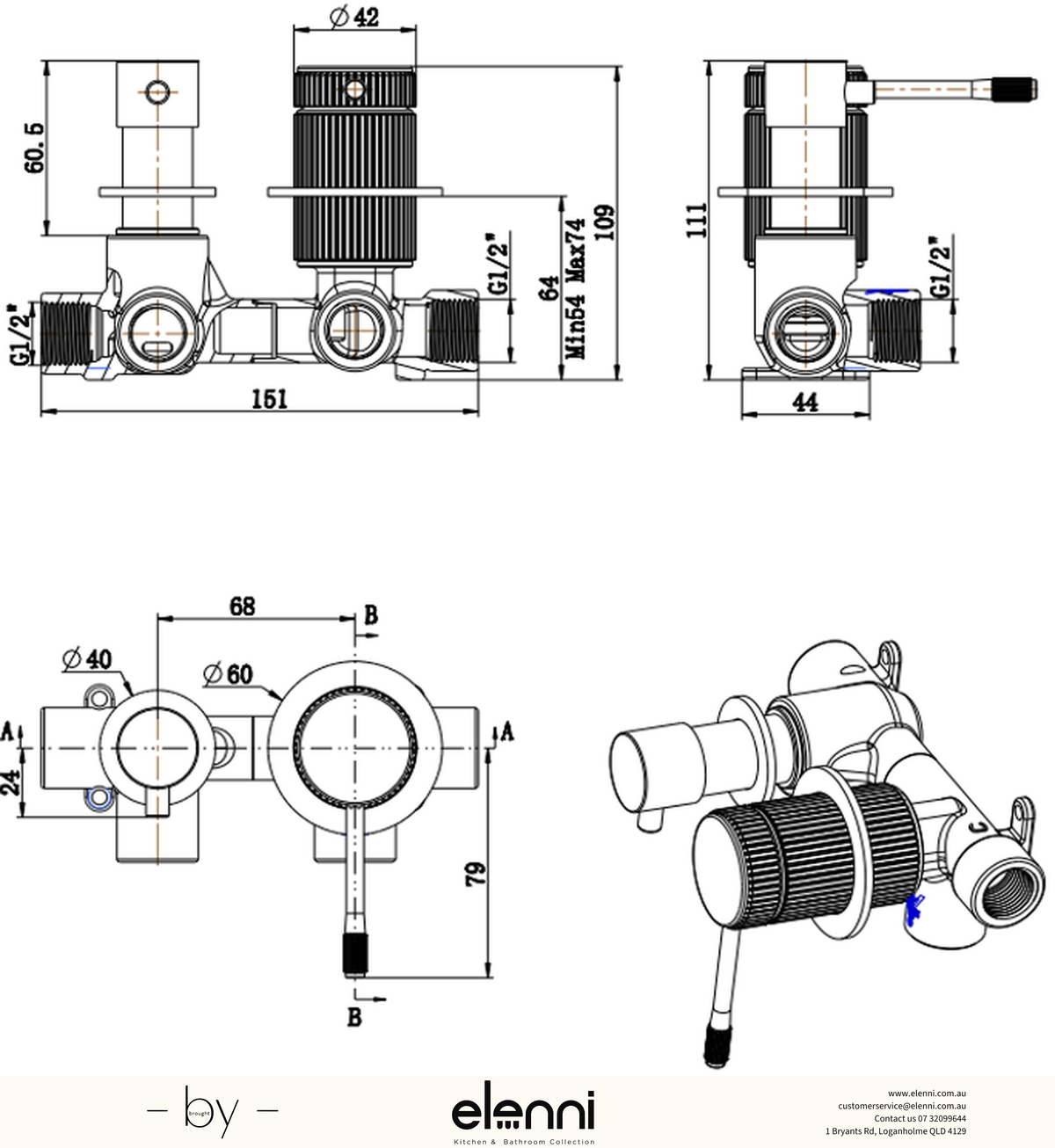 Mica Fluted Shower Mixer Diverter - Sideways - Elenni specification drawing