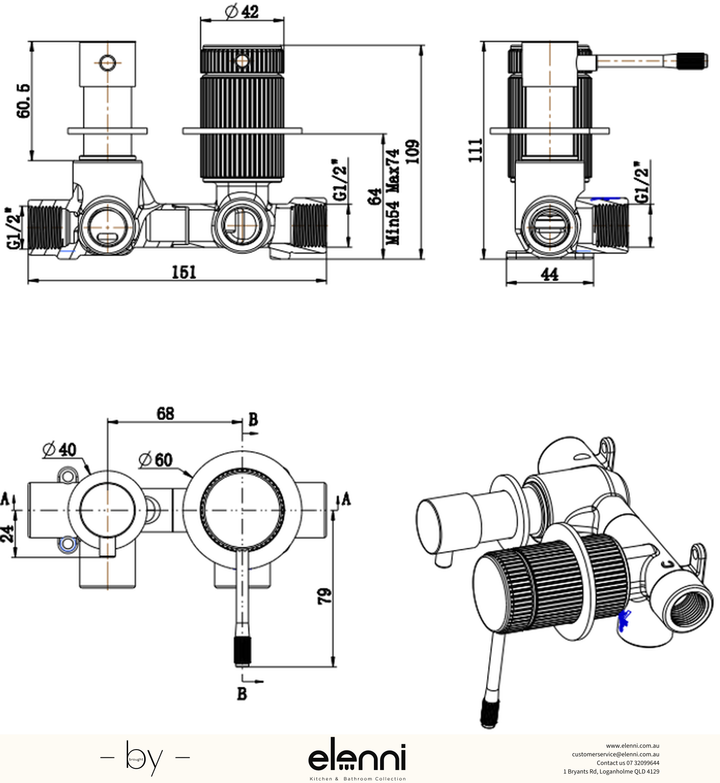 Mica Fluted Shower Mixer Diverter - Sideways - Elenni specification drawing