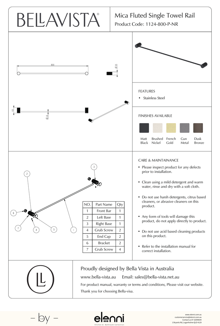 Mica Fluted Single Towel Rail 800mm - Elenni specification drawing