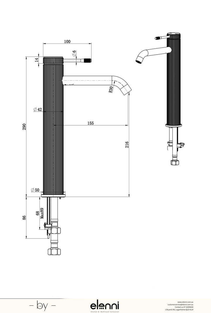 Mica Fluted Tall Basin Mixer - Elenni specification drawing